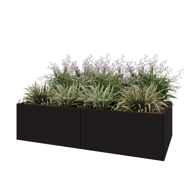 Tērauda puķu kaste XXL - Taisnstūris - 200 x 100 x 50 cm - RAL9005 matēts (melns) - Bez pamatplates
