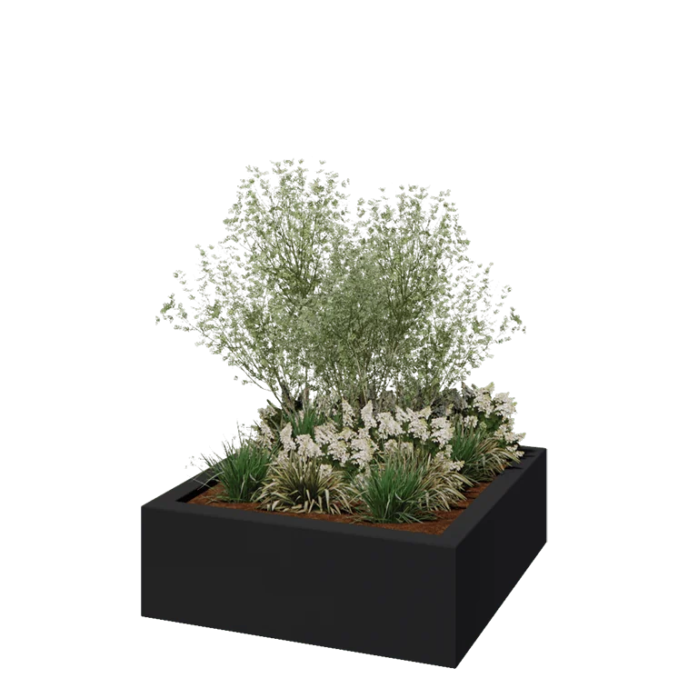Stikla šķiedras puķu kaste - Kvadrāts - 120 x 120 x 40 cm - RAL7021 matēts (melns pelēks) - Ar dibenu
