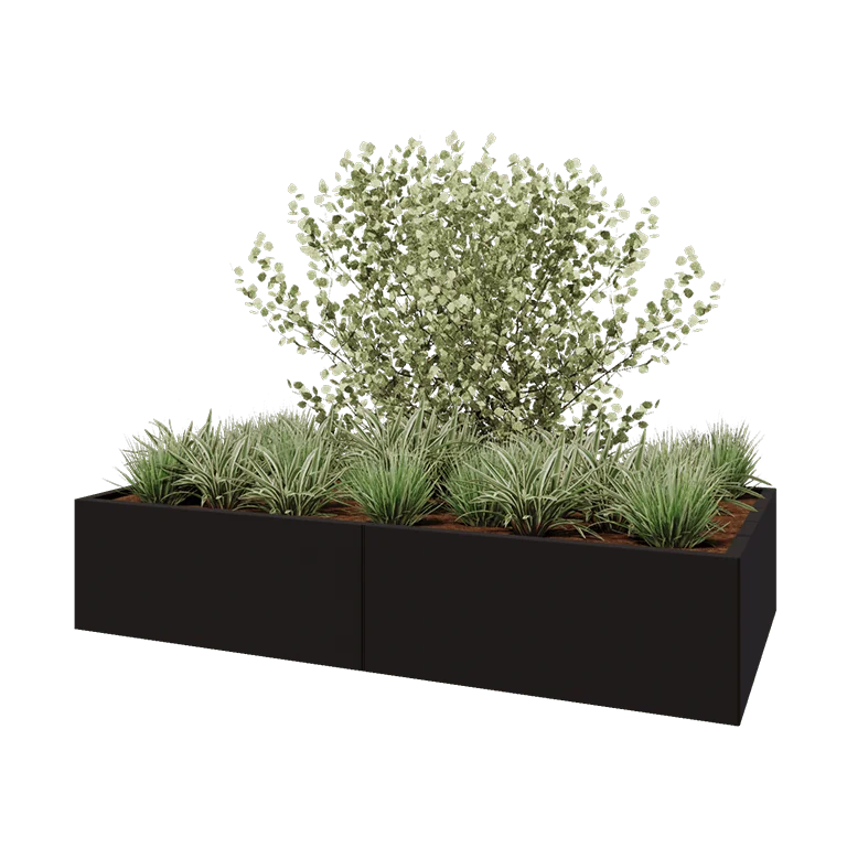 Tērauda puķu kaste XXL - Taisnstūris - 200 x 100 x 40 cm - RAL9005 matēts (melns) - Bez pamatplates
