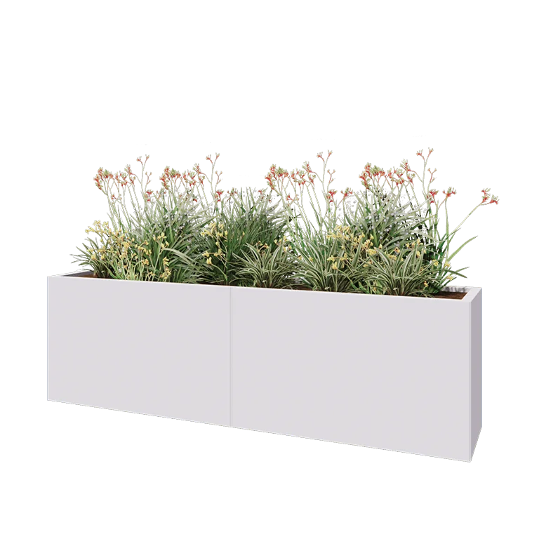 Tērauda puķu kaste XXL - Taisnstūris - 200 x 40 x 60 cm - RAL9010 matēts (balts) - Ar pamatplati