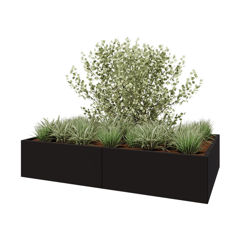 Tērauda puķu kaste XXL - Taisnstūris - 200 x 120 x 40 cm - RAL9005 matēts (melns) - Ar pamatplati