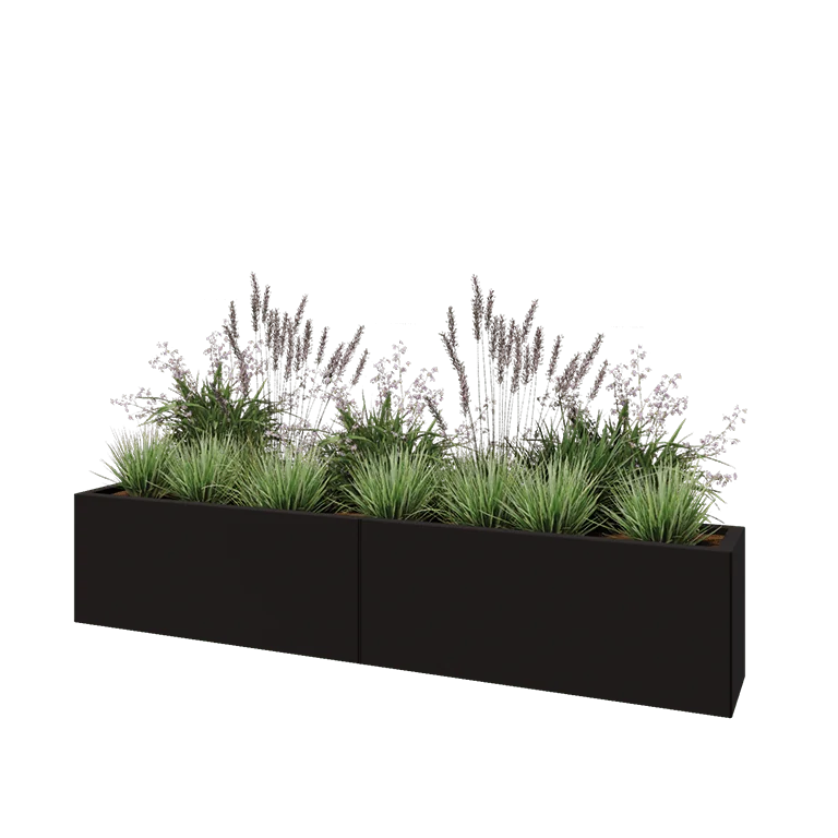 Tērauda puķu kaste XXL - Taisnstūris - 200 x 30 x 40 cm - RAL9005 matēts (melns) - Ar pamatplati