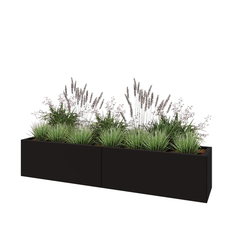 Tērauda puķu kaste XXL - Taisnstūris - 200 x 40 x 40 cm - RAL9005 matēts (melns) - Bez pamatplates