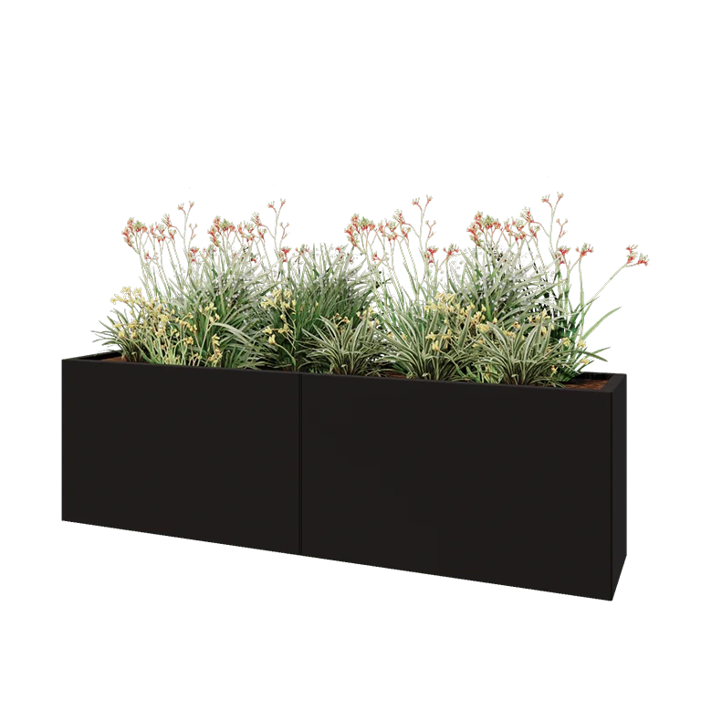 Tērauda puķu kaste XXL - Taisnstūris - 200 x 40 x 60 cm - RAL9005 matēts (melns) - Bez pamatplates