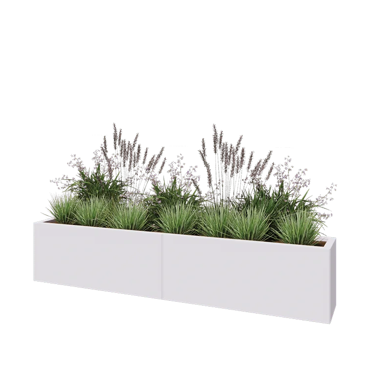 Tērauda puķu kaste XXL - Taisnstūris - 200 x 30 x 40 cm - RAL9010 matēts (balts) - Ar pamatplati