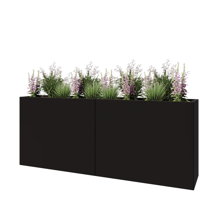 Tērauda puķu kaste XXL - Taisnstūris - 200 x 40 x 80 cm - RAL9005 matēts (melns) - Ar pamatplati