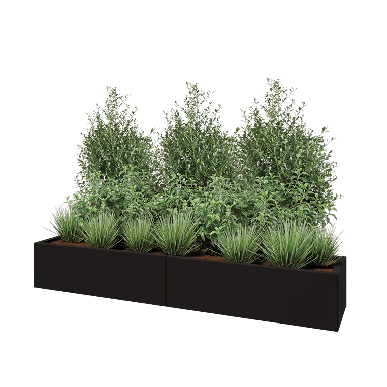 Tērauda puķu kaste XXL - Taisnstūris - 200 x 40 x 30 cm - RAL9005 matēts (melns) - Ar pamatplati