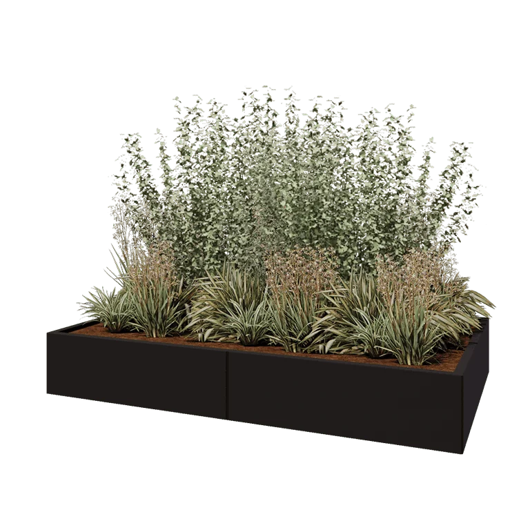 Tērauda puķu kaste XXL - Taisnstūris - 200 x 120 x 30 cm - RAL9005 matēts (melns) - Bez pamatplates