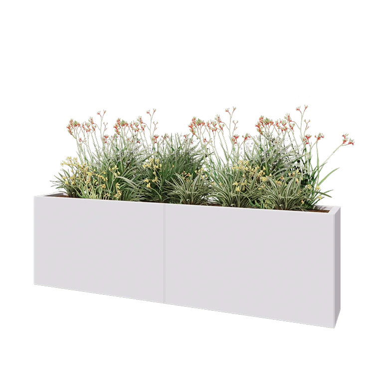 Tērauda puķu kaste XXL - Taisnstūris - 200 x 30 x 60 cm - RAL9010 matēts (balts) - Bez pamatplates