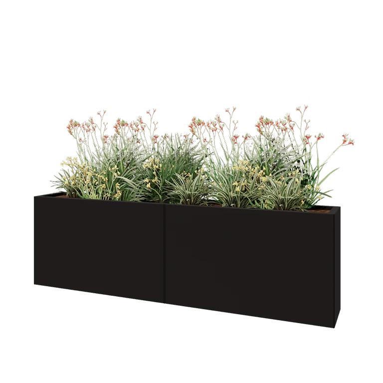 Tērauda puķu kaste XXL - Taisnstūris - 200 x 30 x 60 cm - RAL9005 matēts (melns) - Bez pamatplates