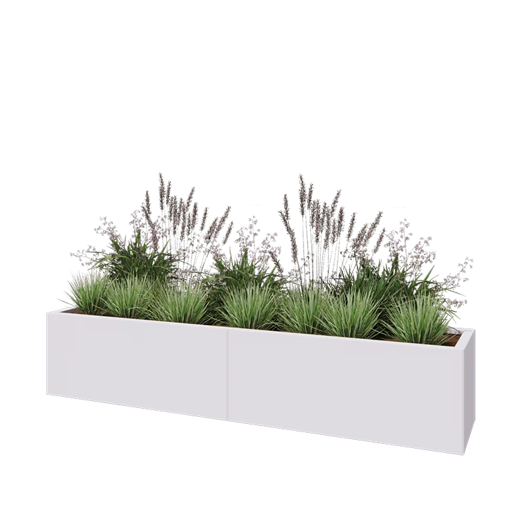 Tērauda puķu kaste XXL - Taisnstūris - 200 x 40 x 40 cm - RAL9010 matēts (balts) - Ar pamatplati