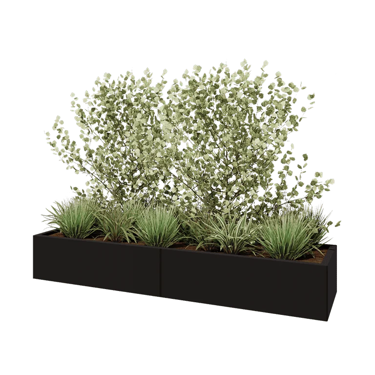 Tērauda puķu kaste XXL - Taisnstūris - 200 x 50 x 30 cm - RAL9005 matēts (melns) - Ar pamatplati