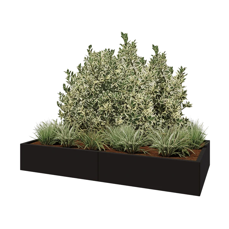 Tērauda puķu kaste XXL - Taisnstūris - 200 x 100 x 30 cm - RAL9005 matēts (melns) - Ar pamatplati