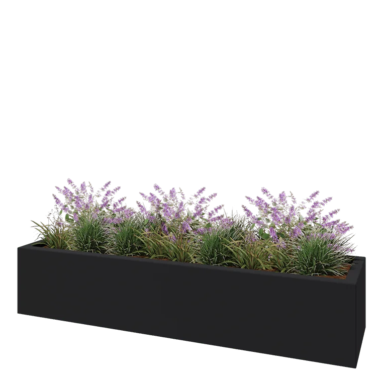 Stikla šķiedras puķu kaste - Taisnstūris - 200 x 50 x 40 cm - RAL7021 matēts (melns pelēks) - Ar dibenu