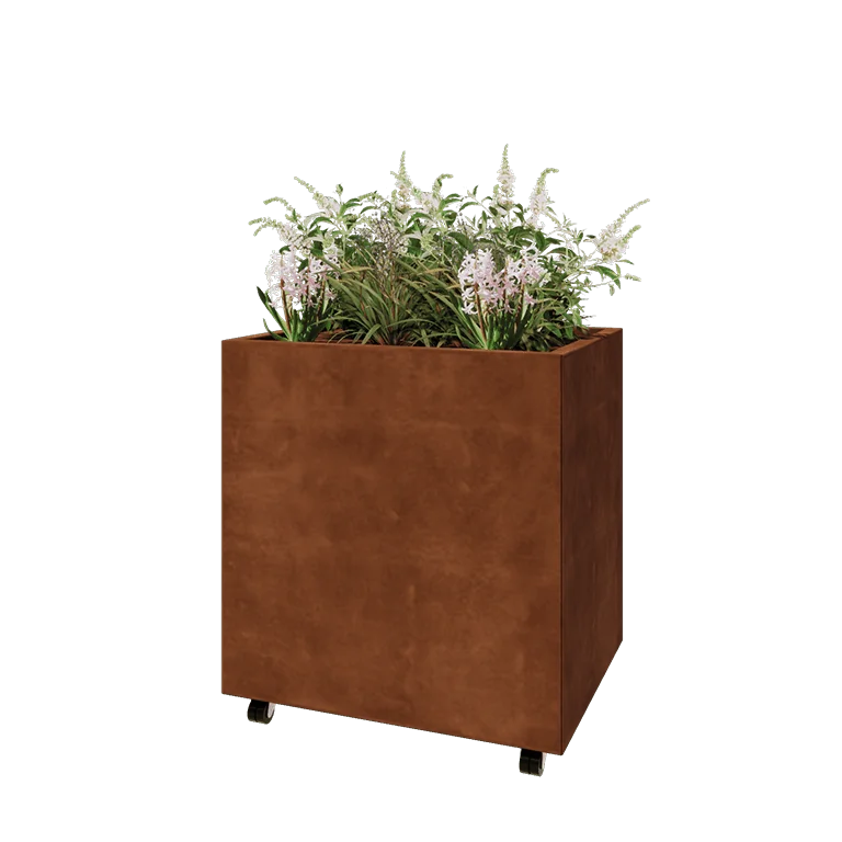 Kortena tērauda puķu kaste - Taisnstūris - 80 x 60 x 80 cm - Ar pamatplati - Ar riteņiem