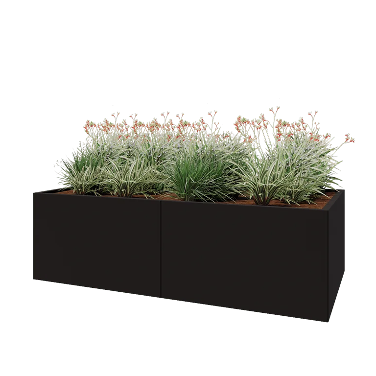 Tērauda puķu kaste XXL - Taisnstūris - 200 x 100 x 60 cm - RAL9005 matēts (melns) - Ar pamatplati