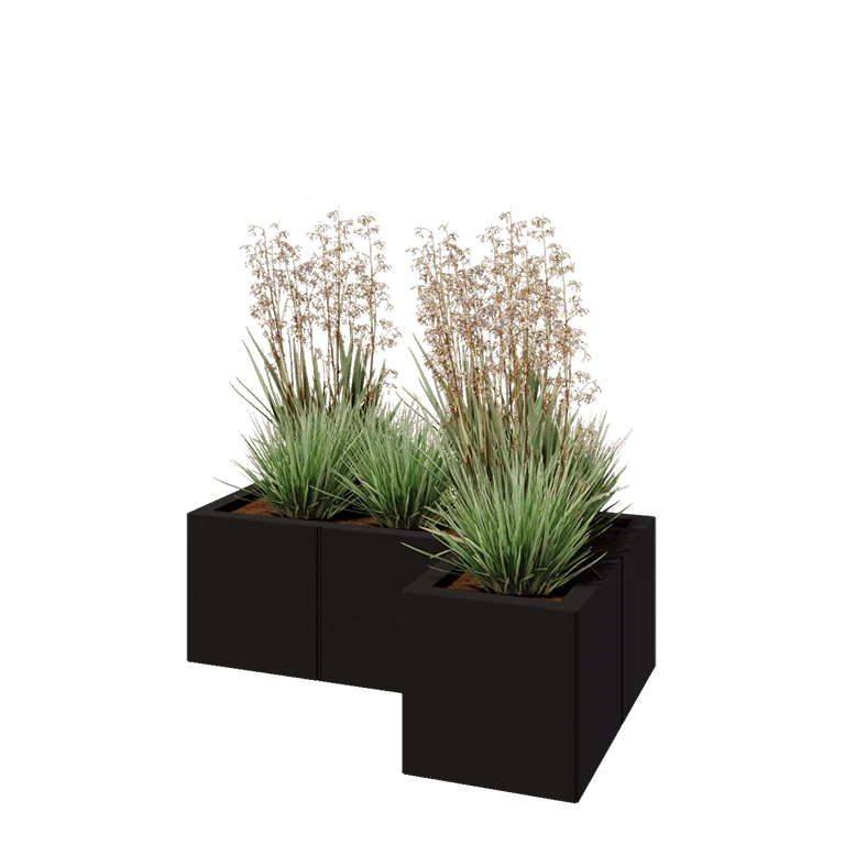 Tērauda puķu kaste - L-veida - 90 x 60 x 30 cm - RAL9005 matēts (melns) - Bez pamatplates