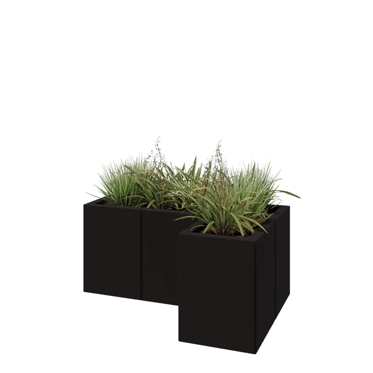 Tērauda puķu kaste - L-veida - 90 x 60 x 40 cm - RAL9005 matēts (melns) - Ar pamatplati