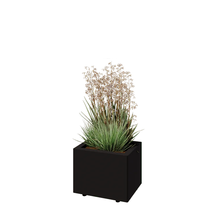 Tērauda puķu kaste - Taisnstūris - 40 x 30 x 30 cm - RAL9005 matēts (melns) - Ar pamatplati - Ar kājām