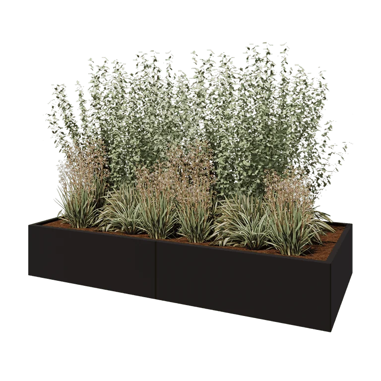 Tērauda puķu kaste XXL - Taisnstūris - 240 x 100 x 40 cm - RAL9005 matēts (melns) - Ar pamatplati
