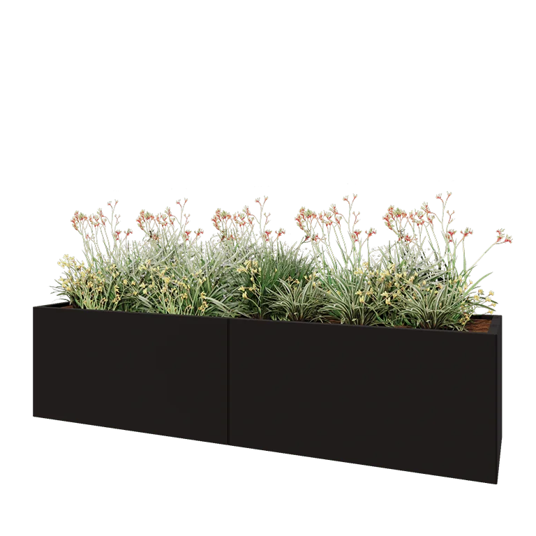Tērauda puķu kaste XXL - Taisnstūris - 240 x 60 x 60 cm - RAL9005 matēts (melns) - Ar pamatplati